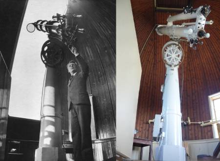 Telescope about 1930, with Gerard (Gerrit) Kuiper, compared to 2015